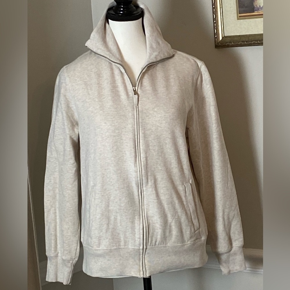 Lands’ End Women’s Heathered Oatmeal Mock Neck Full Zip Fleece Lined Jacket